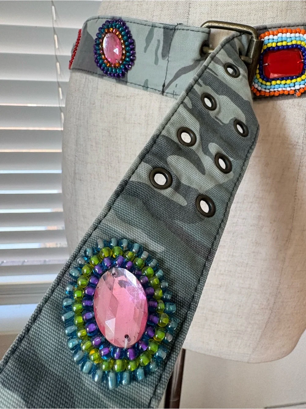 VTG Y2K Camo Beaded Gems Studded Adjustable Buckle Belt Women’s One Size Boho